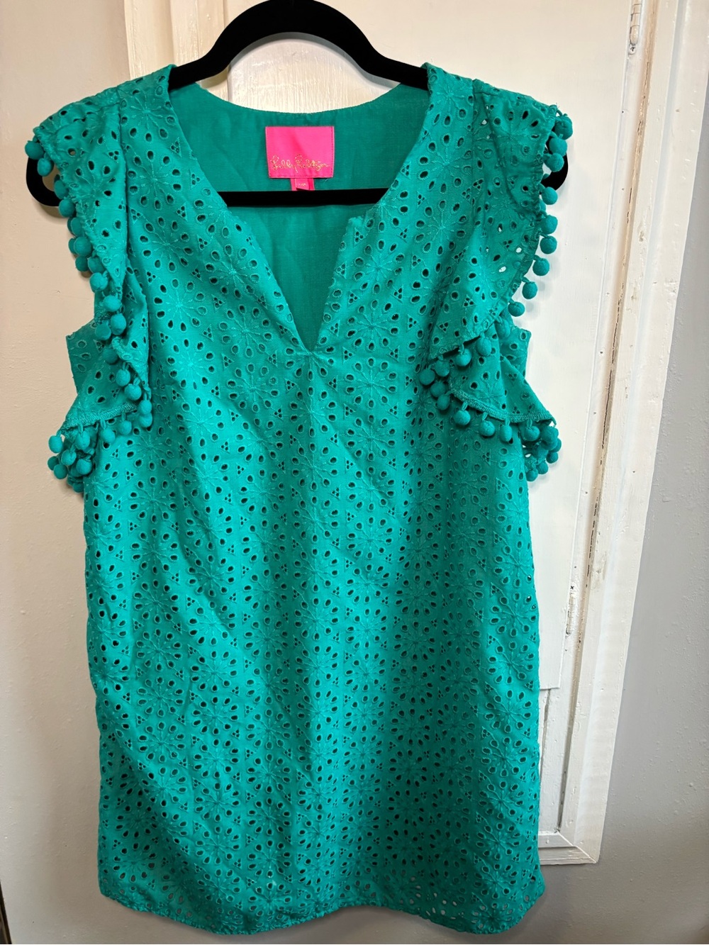 Lilly Pulitzer Teal Eyelet Pom-Pom V-Neck Mini Dress